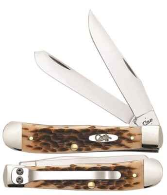 CASE XX KNIFE - TRAPPER AMBER BONE HANDLES + POCKET CLIP  #06540 - S/S BLADES