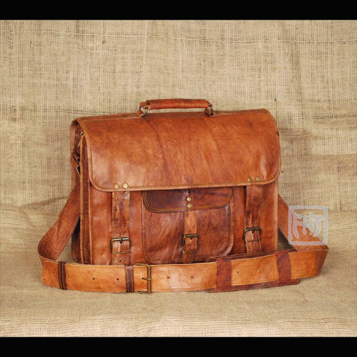 Vintage Genuine Leather Messenger Laptop Briefcase Satchel Bag for Men Brown