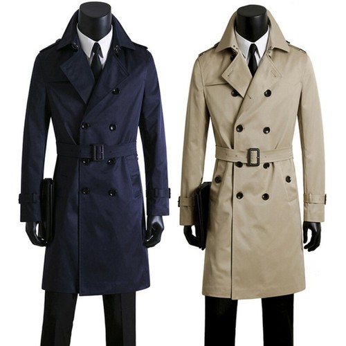 Autumn Mens Classic Trench Coat Double Breasted Waist Belt Long Dust ...