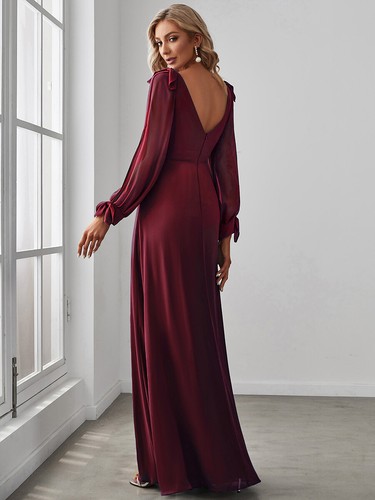 Women's Open Lantern Sleeve A-Line Bridesmaid Dress - Picture 2 of 31