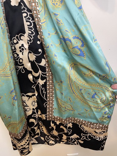 Single Silk Dress Kimono V Neck Aqua Black Floral Tie waist L Flowy Artsy - Picture 11 of 14