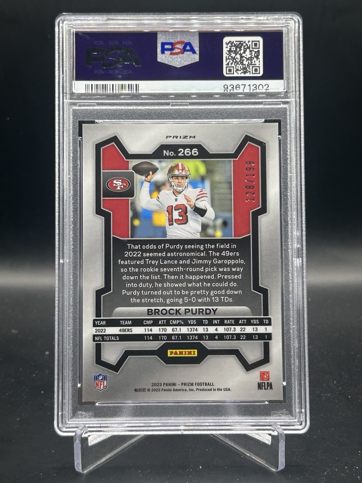 2023 Brock Purdy PSA 10 Blue Wave Prizm /199 San Francisco 49ERS Panini #266 view 2