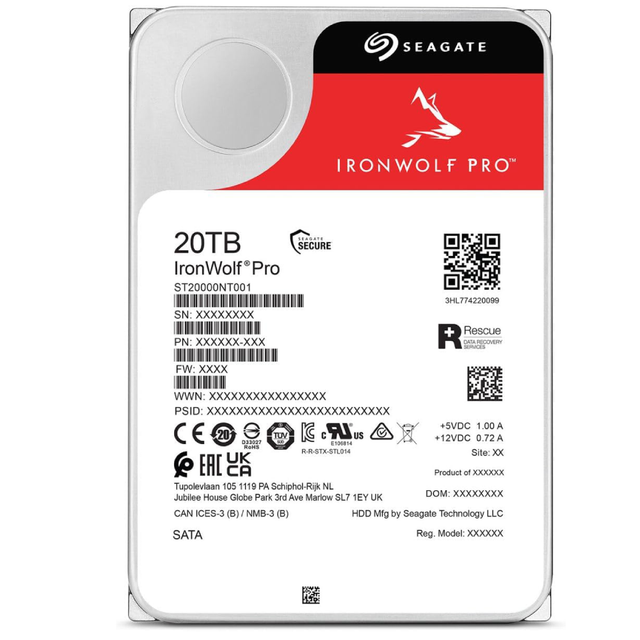 Seagate IronWolf Pro 20TB Hard Disk Interno 3.5" NAS SATA 7200RPM ST20000NT001