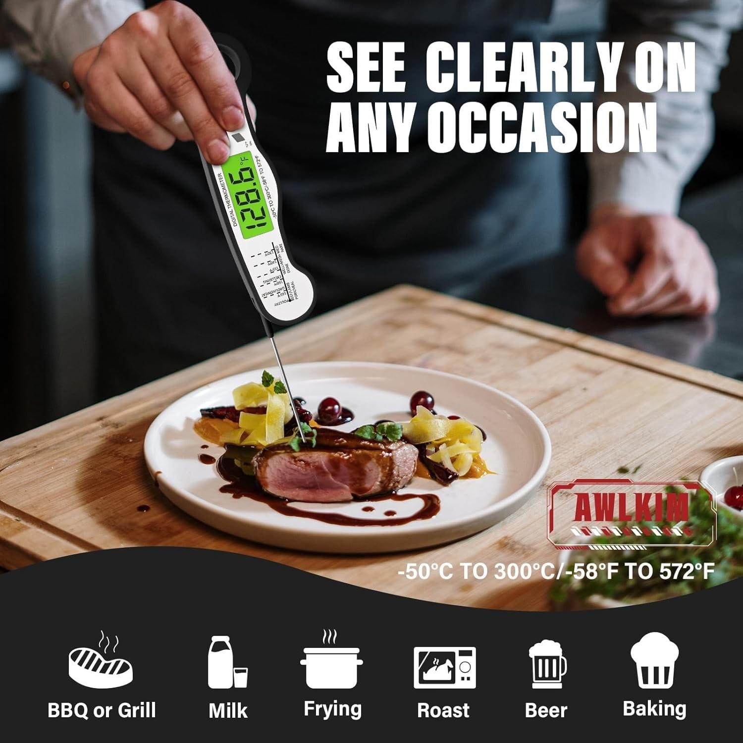 AWLKIM Instant Read Digital Meat Thermometer - Waterproof, Backlight IP67- Black