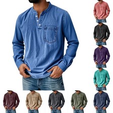 US Men's Long-Sleeve T-Shirt Casual Fashion Front-Button T-Shirt Top NEW-  