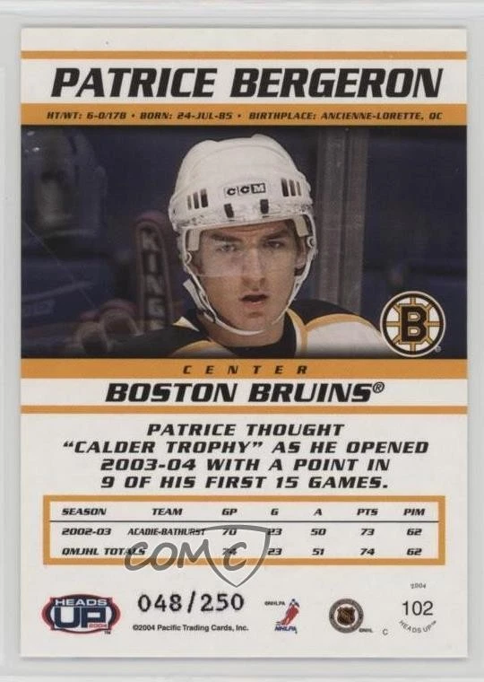 2003-04 Pacific Heads Up Hobby LTD /250 Patrice Bergeron #102 Rookie RC - Image 2 of 2