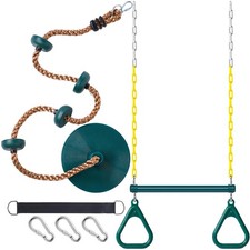 2 Set Gym Ring Trapeze Swing Bar and Climbing Rope with Platforms Disc Heavy ...