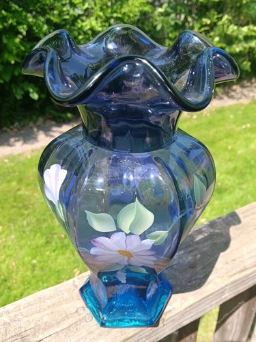Fenton Mulberry Hex Vase Art Glass Signed George Fenton Rare 1997 Blue to Purple