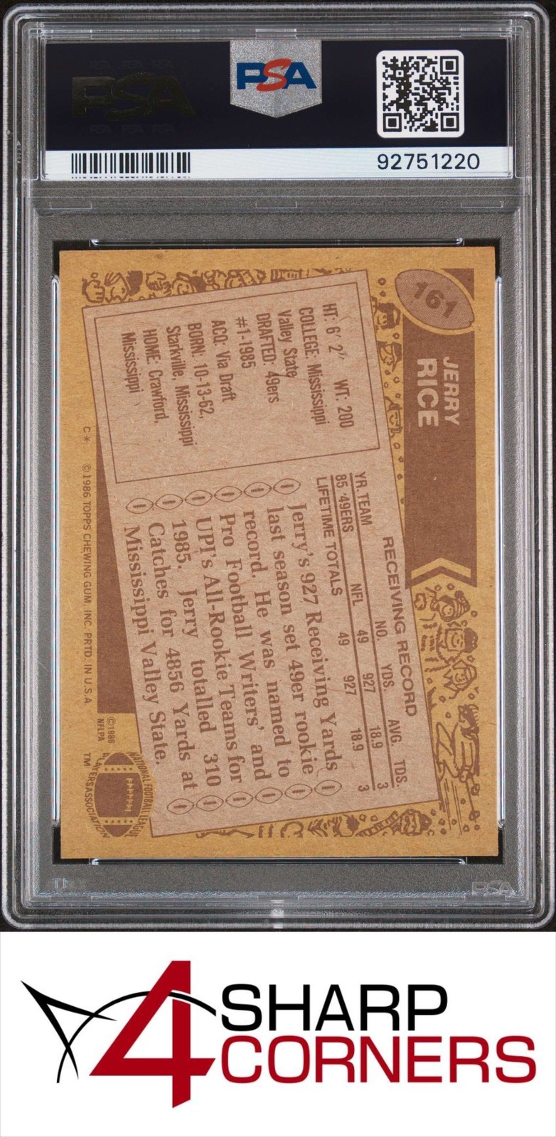 1986 TOPPS #161 JERRY RICE RC 49ERS HOF PSA 5 view 2
