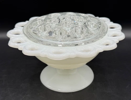 VTG 7'' LG White Milk Glass Lace Edge Pedestal Compote Vase w/ Clear Flower Frog