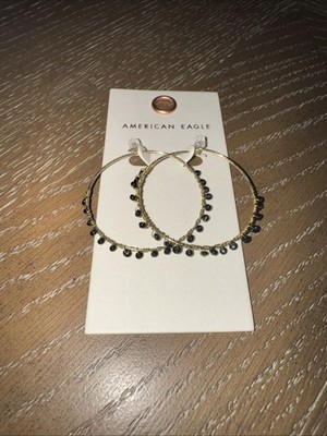 American Eagle Outfitters AEO Gold Beaded Hoop Earrings Black Pearl NWT