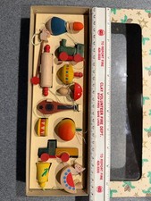 12 Vintage NOS Hand Painted Wooden Ornaments Made In Germany Original Box unused