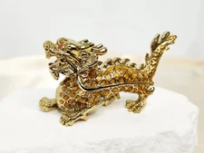 Bejeweled Gold-Tone Enameled Chinese Dragon Trinket Box - 4" L