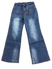 New Flamingals Small Navy Blue Wide Leg Flare Jeans Low Waist Pockets TB2 