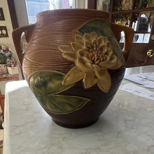 Roseville Art Pottery Vase Brown Green Floral Matte Ceramic with Handles