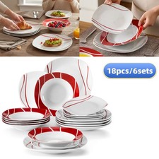 18pc White Porcelain Dinnerware Sets for 6 Red Stripes dinner Tableware Plates