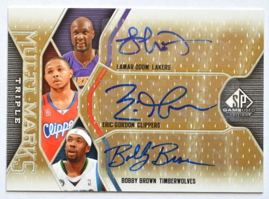 2009-10 Lamar Odom/Eric Gordon/Bobby Brown SP Game Used Triple Auto /75 #MT-OBG