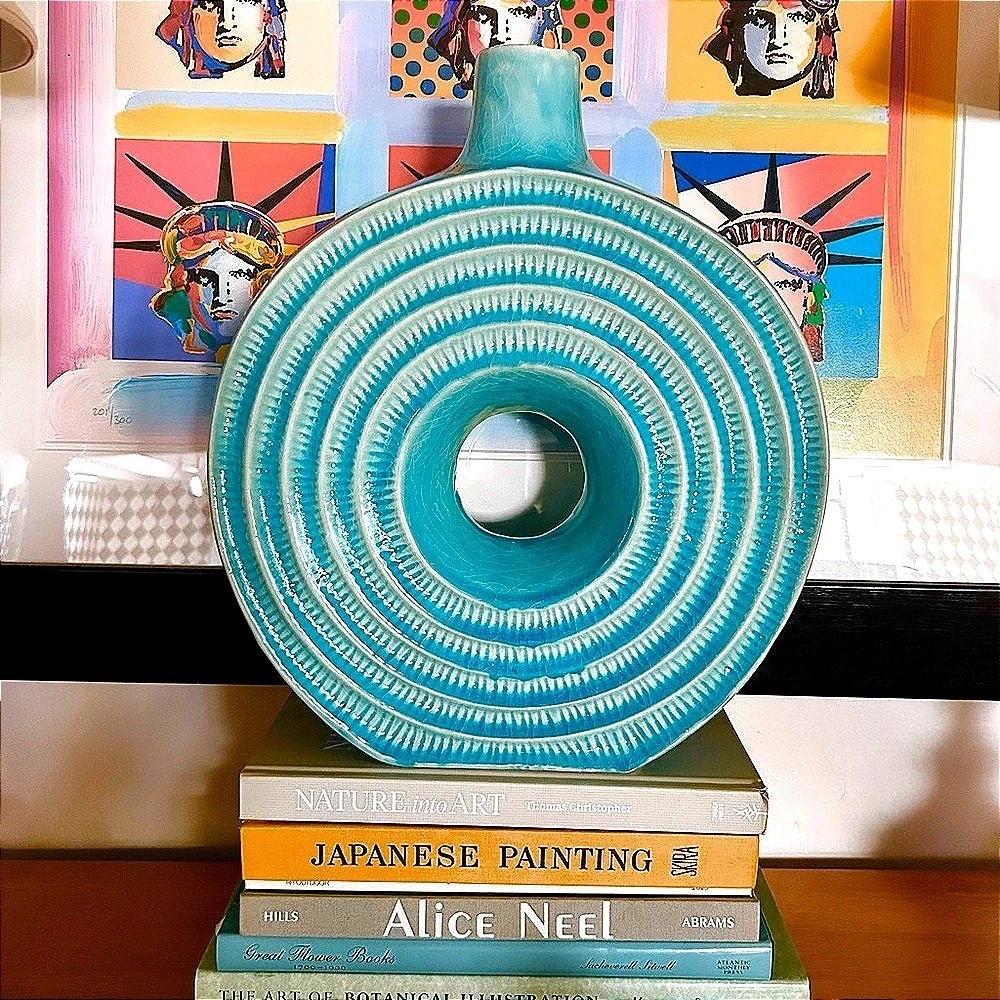 Large 16" Turquoise Donut Vase Sculptural Textured Ceramic Modernist Disc Vase