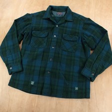vtg 60s 70s PENDLETON loop collar flat hem plaid wool flannel board shirt LARGE