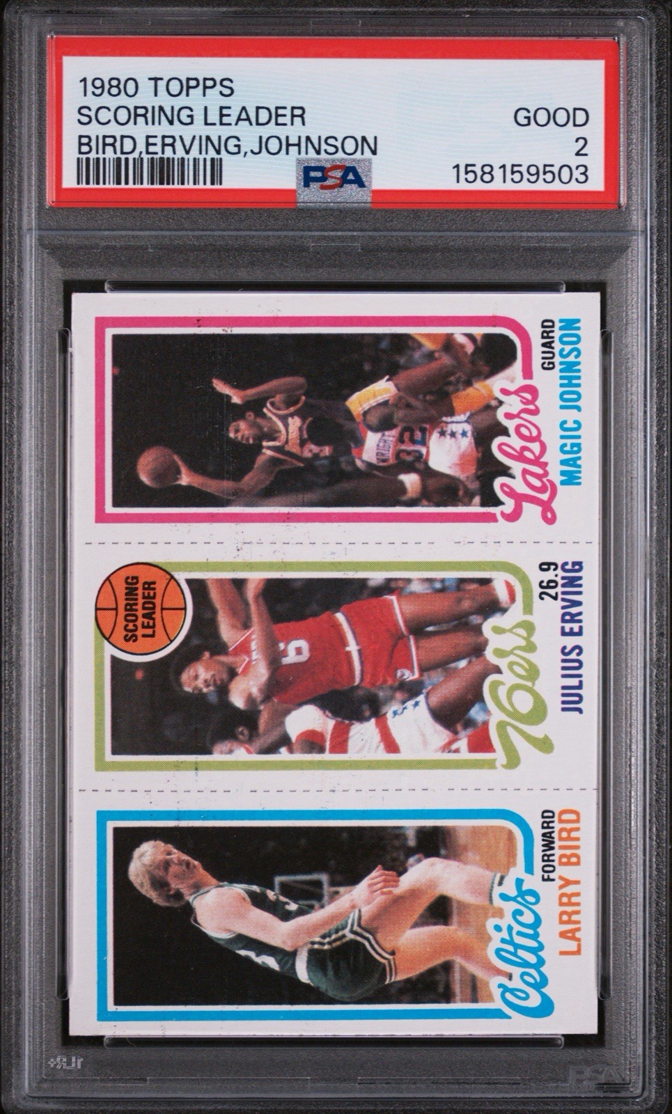 1980 Topps Julius Erving/Larry Bird/Magic Johnson Scoring Leaders PSA 2
