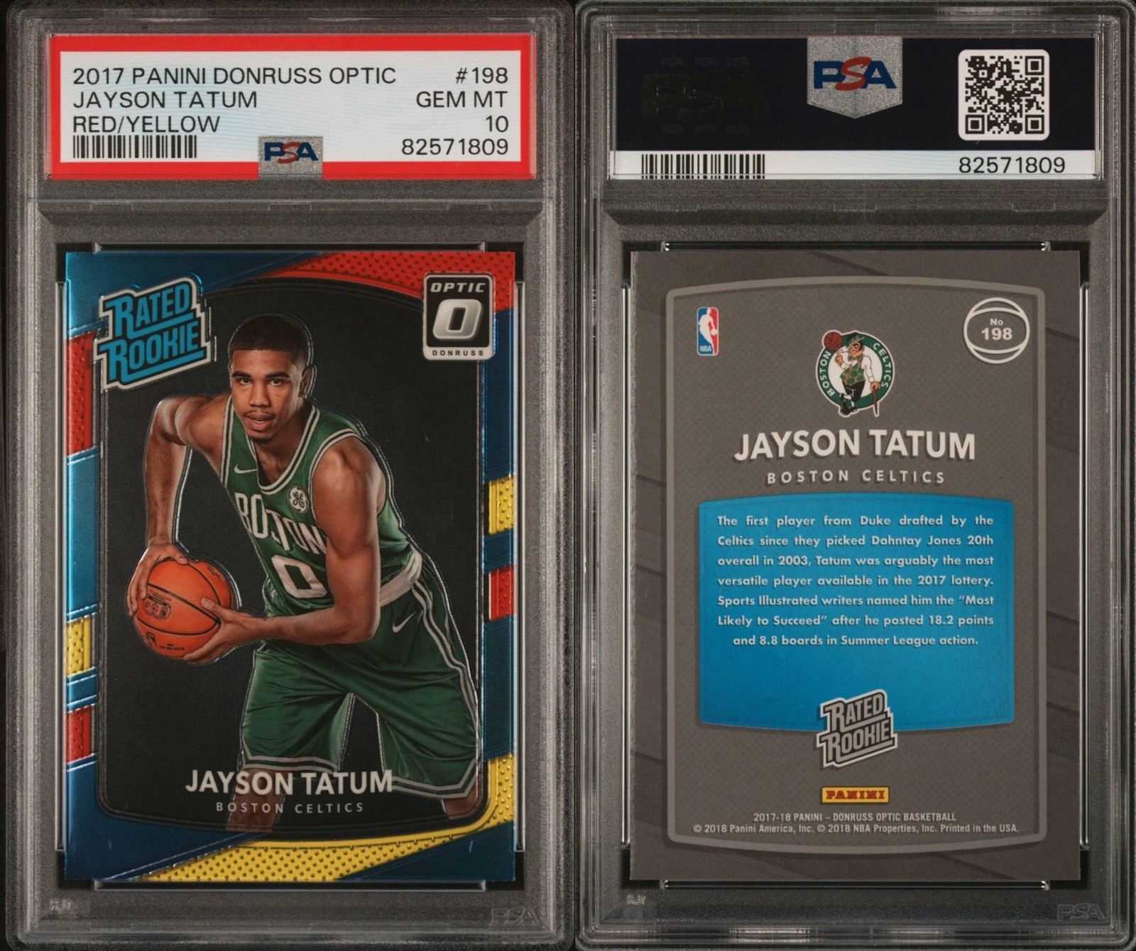 2017 PANINI DONRUSS OPTIC JAYSON TATUM RED/YELLOW #198 PSA 10 GEM MT view 3