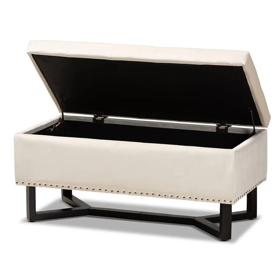 Baxton Studio Beige Velvet and Brown Finished Wood Storage Ottoman - Image 2 of 4