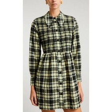 Ganni Checkered Plaid Seersucker Shirtdress 6 Button Front A Line Yellow Black