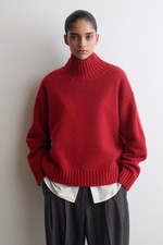 cos 100% cashmere red chunky knit funnel neck jumper sweater size L RRP £250