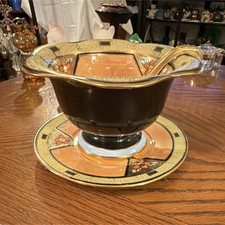 Vintage Noritake Art Deco Orange & Black Gilt Porcelain Bowl, Saucer & Ladle Set