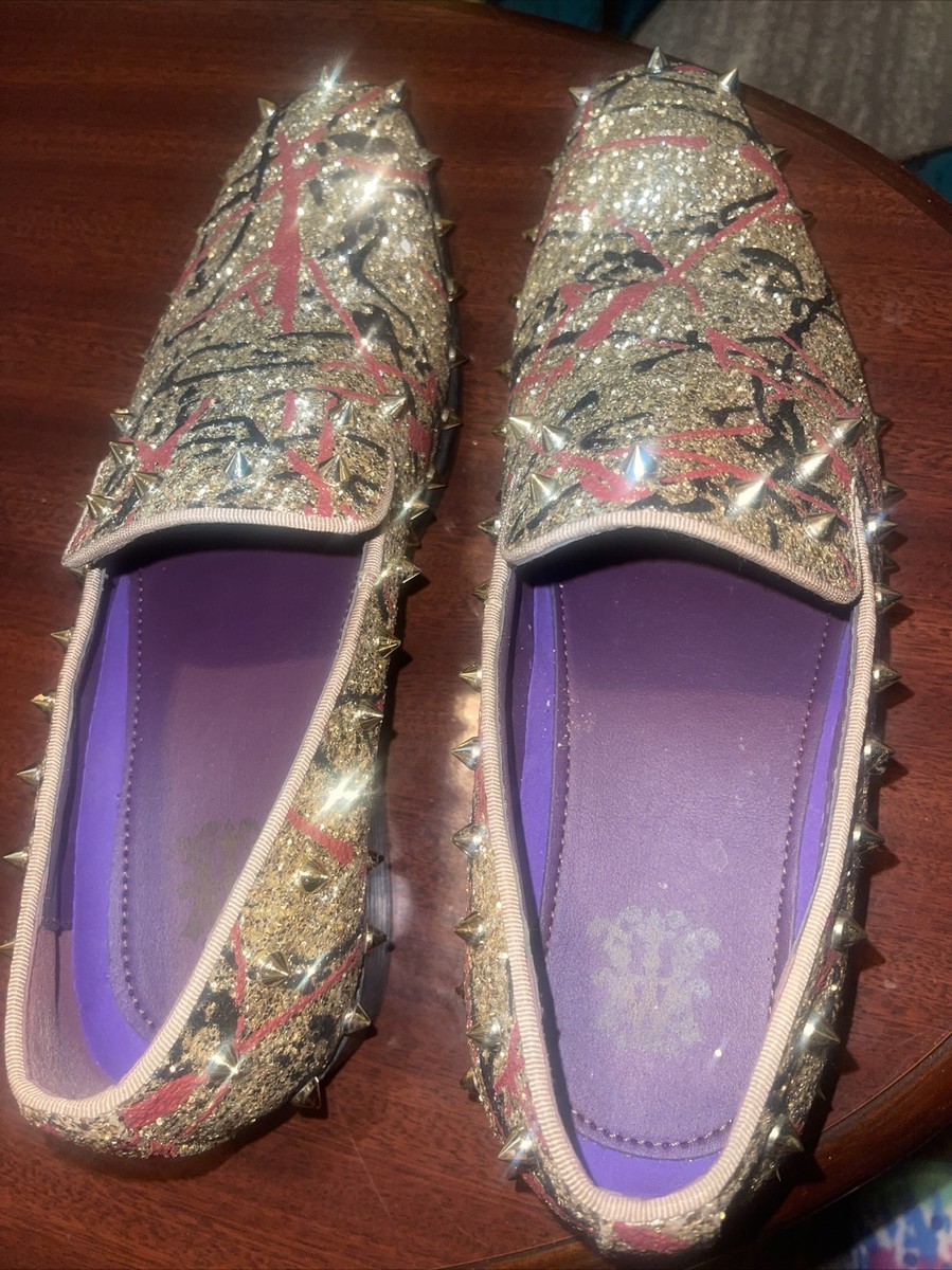 purple and gold dress shoes Men's Spikes Gold Glitter Paint splatter Prom Dress Shoes sz 11