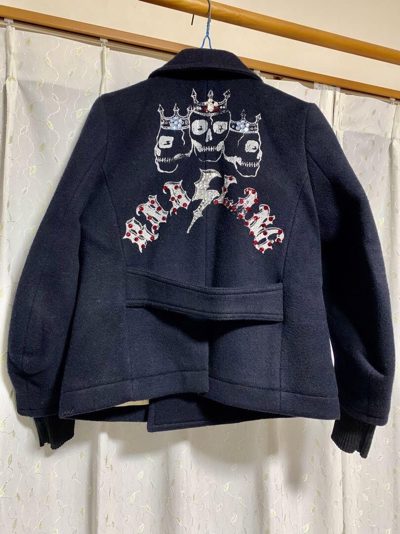 Y2K 00s RNA Japan Embroidered Skull Pea Coat Caba Dark Blue Grunge Punk Rock