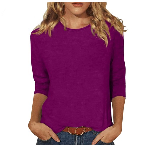 Women's Solid Crew Neck Tops Plus Size 3/4 Sleeve Casual T Shirt Blouse Tee Tops