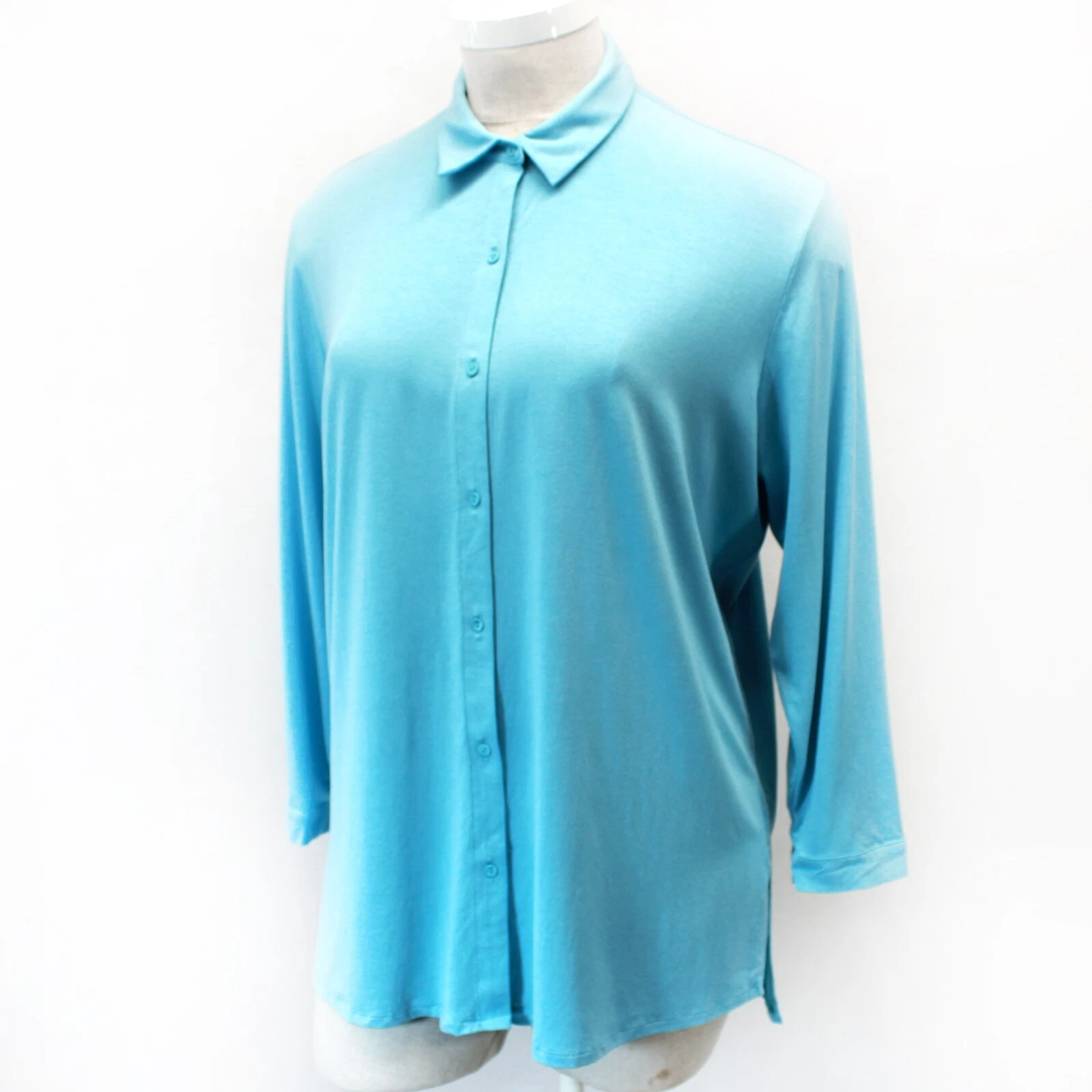 Eileen Fisher Plus Size Blue Jersey Collared Button Up Tunic Top Blouse 1X