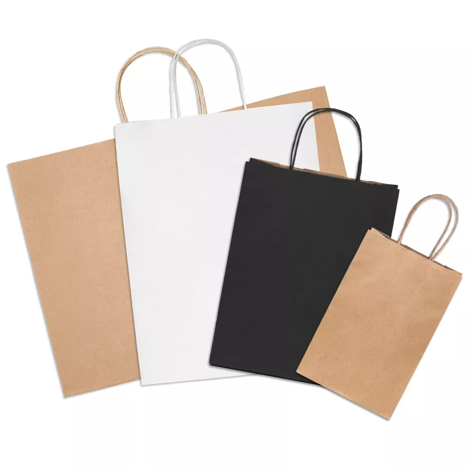 Bolsas de papel Kraft con asas bolsas de regalo para compras de fiestas a granel marrón blanco negro Foto 2 de 4