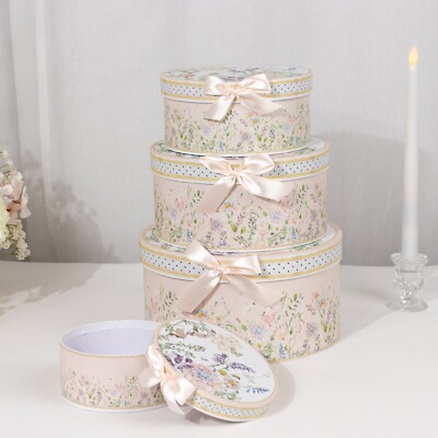 4 Round Floral Nesting Cardstock Gift Boxes with Lids Decorations Centerpiece