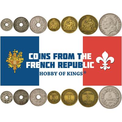 France | 7 Coin Set | 5 10 25 50 Centimes 1 2 5 Francs | Mercury