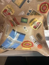 Vtg Snack Bowl and Tray Burlap Snack Bowl with Liqour Labels Set 1950-1960's MCM