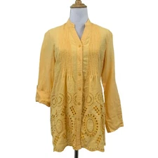 Multiples Linen Blend Shirt Womens XS Extra Small Eyelet Tab Sleeve Pintuck Top