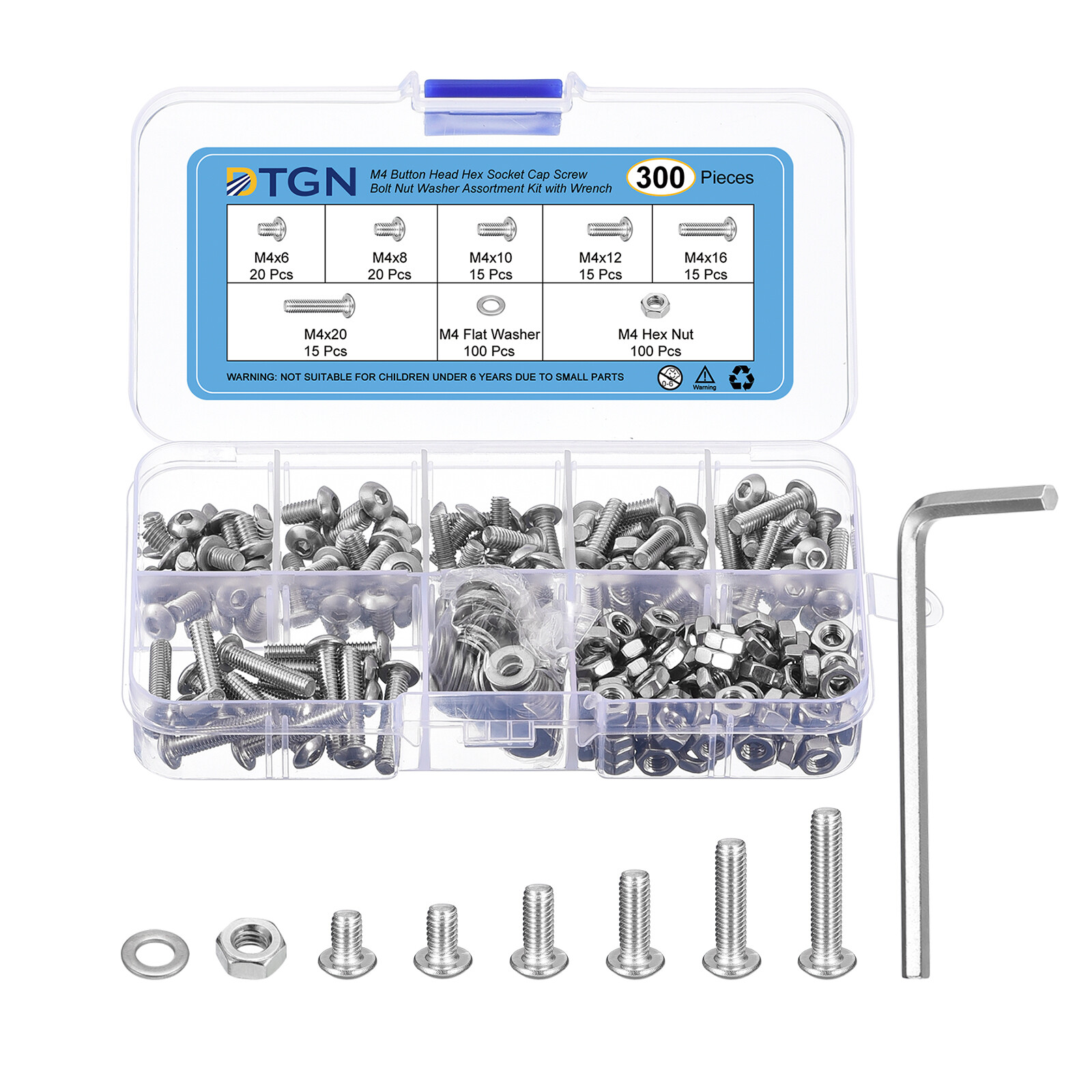 300pcs M4-0.7x6~20mm Button Head Hex Socket Cap Screw Bolt Nut Washer Assortment