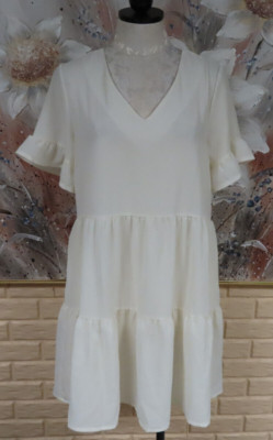 NWT NCLOOK SZ SMALL LAYERED RUFFLE OFF WHITE/IVORY S/S POLYESTER STRETCH DRESS