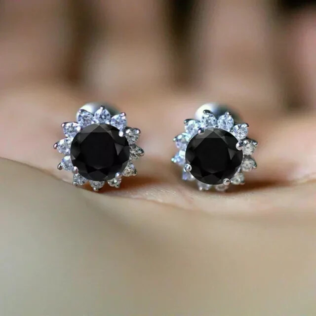 2Ct Round Simulated Black Diamond Stud Earrings in 14K White Gold