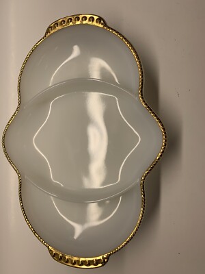 Vintage Fire King Milk Glass Divided Relish Pickle Nut Candy Dish Gold Trim USA