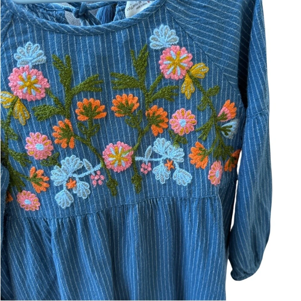 Mimi & Maggie Embroidered Floral Dress Striped Long Sleeve Girls Size 6 - Image 2 of 4