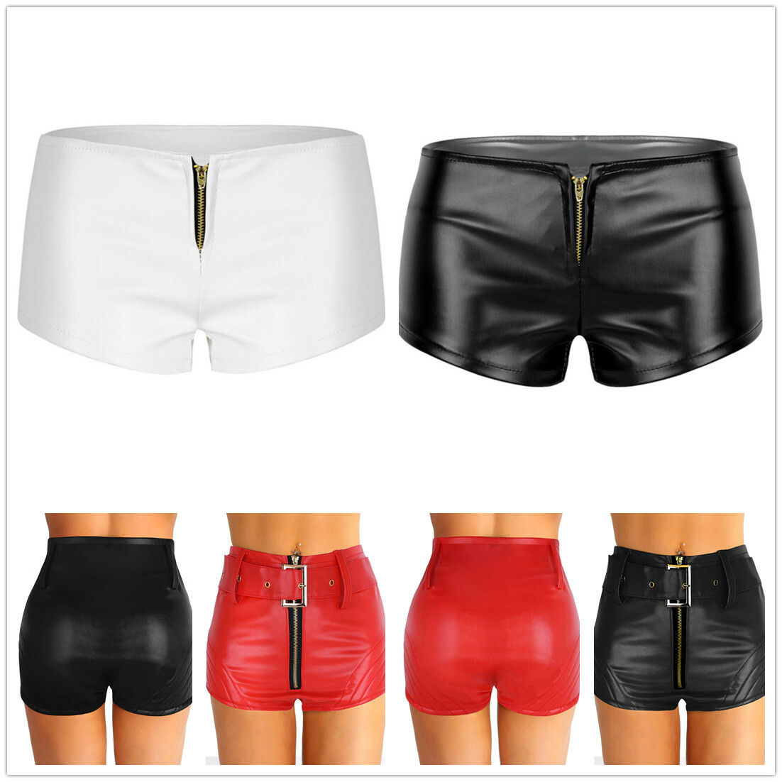 Women Faux Leather Front Zipper Low Rise Booty Shorts Mini