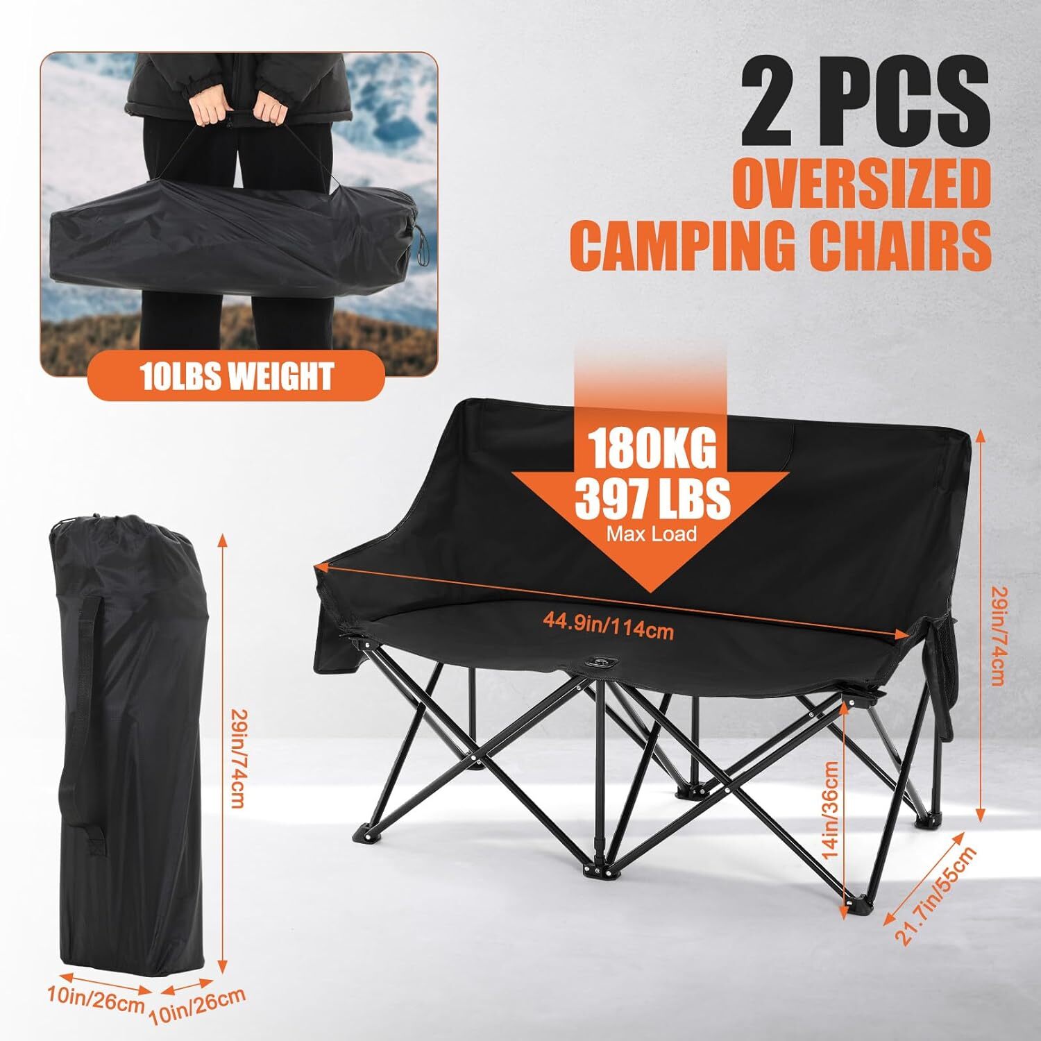 2 Pcs Loveseat Camping Chairs Double Camping Sofa Chair Foldable