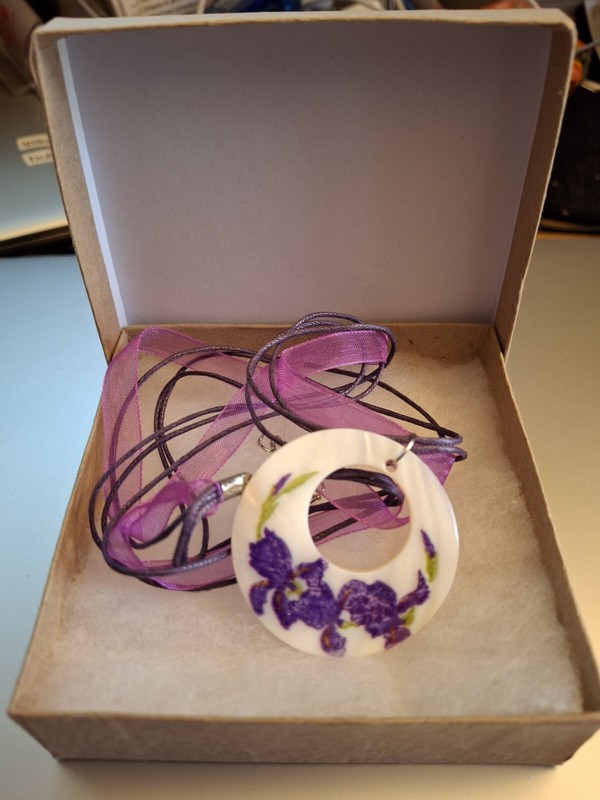 Gift Boxed Mother of Pearl Hand Painted Purple Lilac Flowers String Necklace