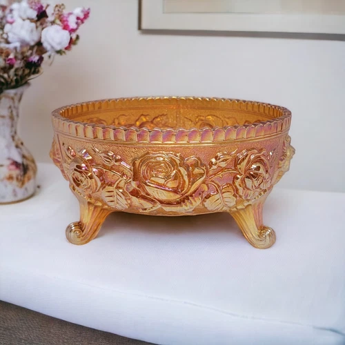 Antique Fenton Open Roses Marigold Carnival Glass Bowl Footed w/Sawtooth Rim