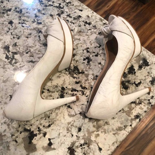 Raphaella Booz Anthro White leather platform Peep toe pumps heels 7 Wedding - Picture 4 of 7