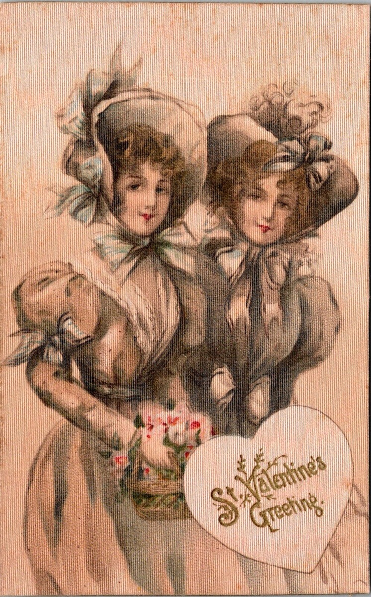 c1910's Valentine Greetings Girls Flowers Basket Winsch Back Silk