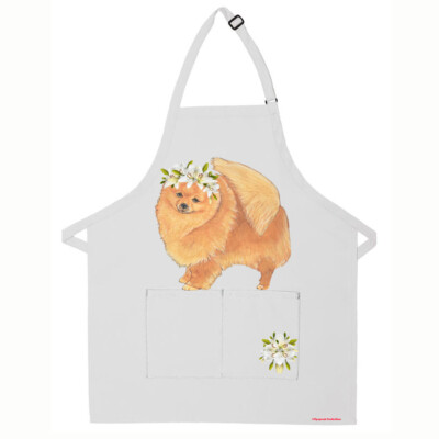 Pomeranian Floral Apron Two Pocket Bib Apron with Adj Neck